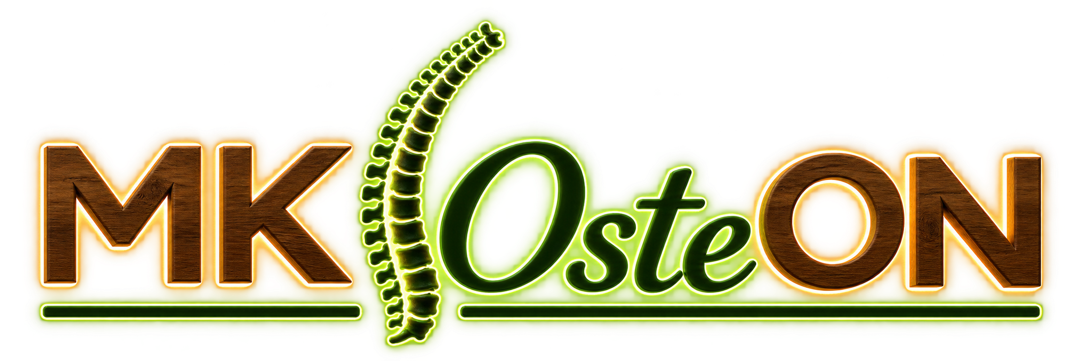 MK OsteON – beleuchtetes Logo mit braunen Holzbuchstaben und grüner Wirbelsäule